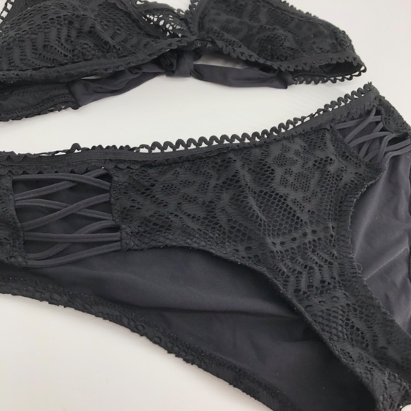 Becca by Rebecca Virtue Swim Two Piece Bikini Set Medium Black Crochet Strappy - Picture 3 of 13